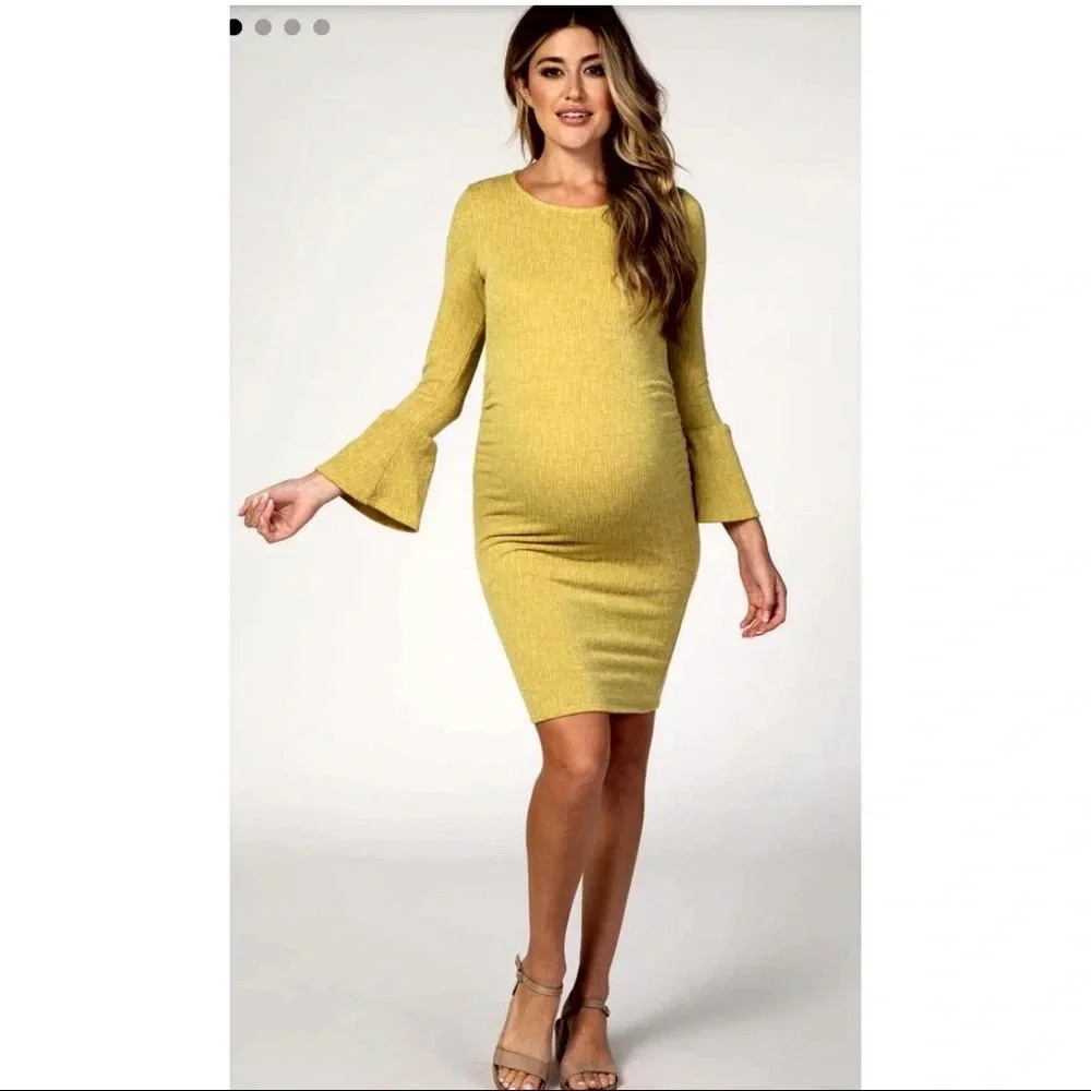 New Pinkblush Mustard Ruffle Sleeve Fitted Dress
